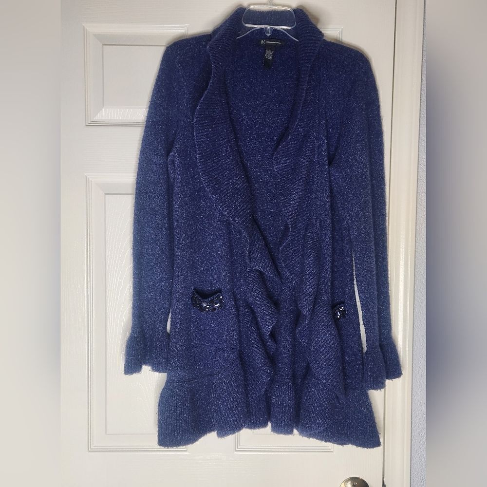 INC International Concepts L Navy Lngslv Ruffles WOOLBlendPockets Women Cardigan